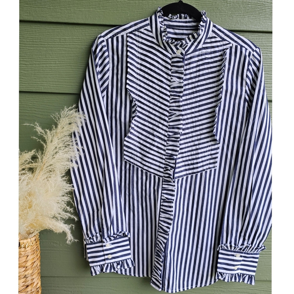 J Crew Navy Blue White Ruffle Trim Tuxedo Long Sleeve Cotton Top